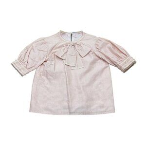 Women’s Handmade Pink & White Gingham Bow Blouse Lace Puff Sleeve 2010